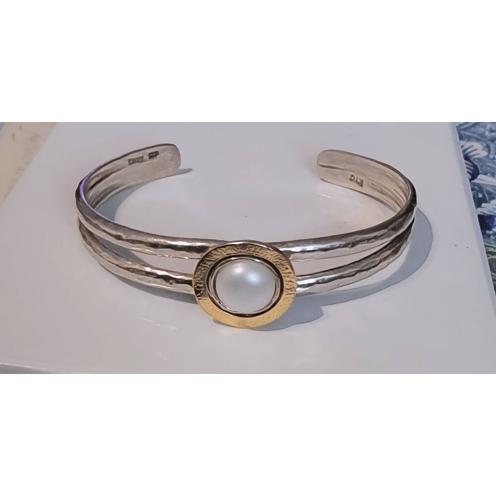 New~White Cultured Freshwater Pearl 925SS/14K Two-Tone Cuff Bracelet